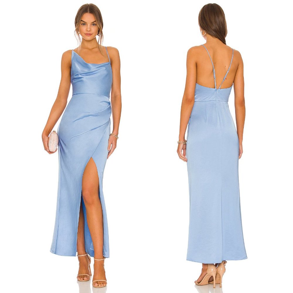 Sky Blue Satin Cowl Neck Maxi Dress with Side Slit